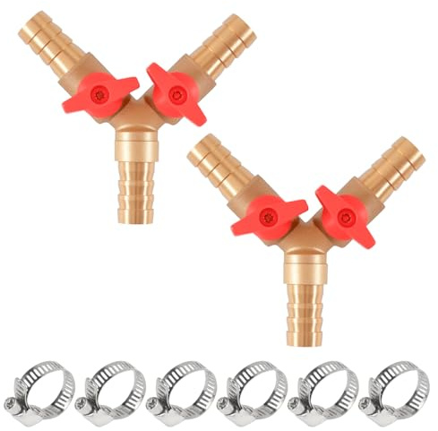 ASOFTY Conector de manguera de 3 vías, conector de manguera en Y con 6 abrazaderas de manguera, válvula de bola de latón de 3 vías, válvula de derivación de latón para manguera, agua (12 mm)