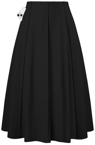 Kate Kasin 2026 Women's Black Pleated Midi Skirt Long High Waisted Knee Length Flowy Aline Casual Teacher Skirts with Pockets