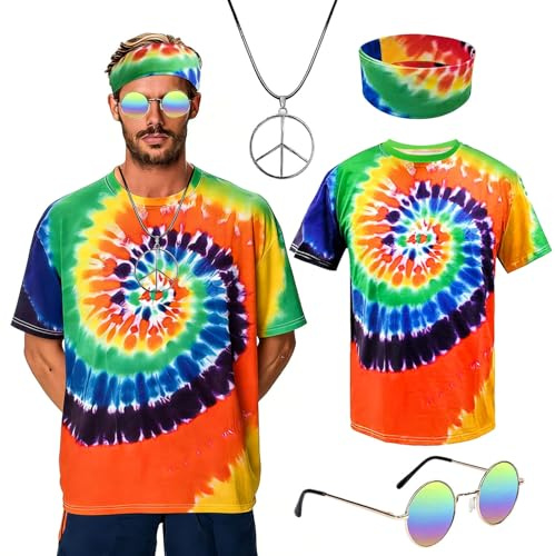 HBSFBH Set di Costumi Hippie, 4 Hippie Accessories, Occhiali da Sole Hippie, Segno di Pace Collana, Fascia Hip-pie, Costume Halloween/Carnevale/Anni '70/Anni '80/Discotec Uomo