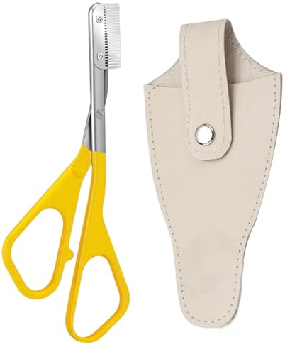 Forbici per sopracciglia con pettine, rifinitore per sopracciglia in acciaio inossidabile, strumento di precisione per modellare le per donne e uomini, (con custodia in pelle) Giall