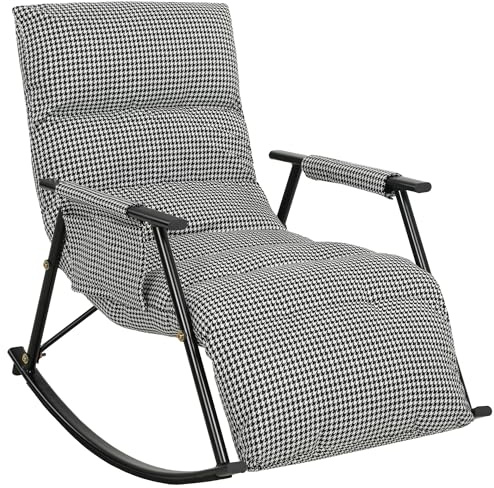 HOMCOM Silla Mecedora con Respaldo y Reposapiés Ajustables, Mecedora Sillón Balancín 105°, Tapizada en Lino, con Bolsillo Lateral y Marco de Metal, Carga 120 kg, para Dormitorio, Salón, Negro y Blanco