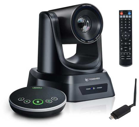 TONGVEO Sistema de cámara inalámbrica PTZ con seguimiento automático y receptor, altavoz de conferencia Bluetooth, 5,8 GHz, 1080p, 60 fps, cámara de conferencias, zoom óptico 3X, para iglesia, zoom