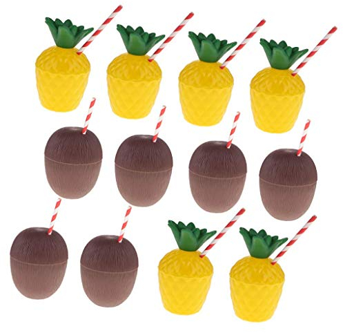 Tubayia Lot de 12 gobelets en plastique en forme d'ananas en noix de coco pour plage, fête, anniversaire d'enfant