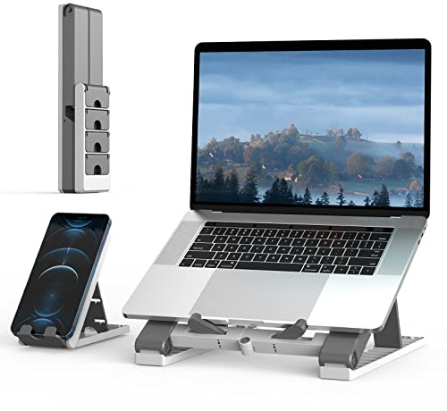 Klearlook Portable 2 in 1 Laptop Stand with Phone Stand - Adjustable Laptop Stand and Phone Stand for Desk,Ventilated Foldable Laptop Holder, Desktop Notebook Computer Riser for All Laptops (11-17'')