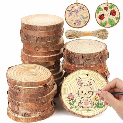 VGOODALL Wood Slices, 36Pcs 7–8cm Natural Pine Wooden Discs with Pre-Drilled Hole & Cord for DIY Craft Wedding Home Ornament