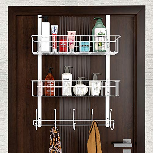 LUCYCAZ Over Door Hanger, 5 Hooks & 2 Deep Mesh Baskets, White, Metal, Over The Door Organizer, 62 cm (H) x 42 cm (W) x 6.5 cm (D), Bathroom, Bedroom, Kitchen Storage