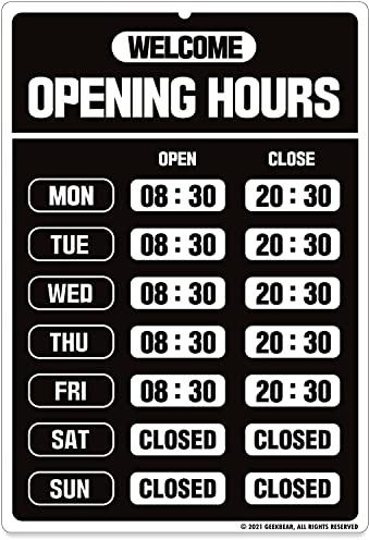 GEEKBEAR Señal de horario comercial (Black) - Señal de hora de apertura - Señal de horario de tienda - Señal de horario de operación para negocios - Señal abierta con horas