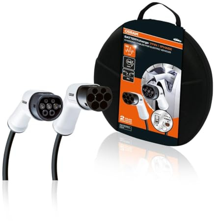 OSRAM BATTERYcharge 7PIN | 1PHASE, laddkabel för elbilar, kompatibel med alla typ 2 fordon och typ 2 16A 1-fas laddningspunkter med en 16A laddningshastighet på upp till 3,6 kWh. 5 meters kabellängd