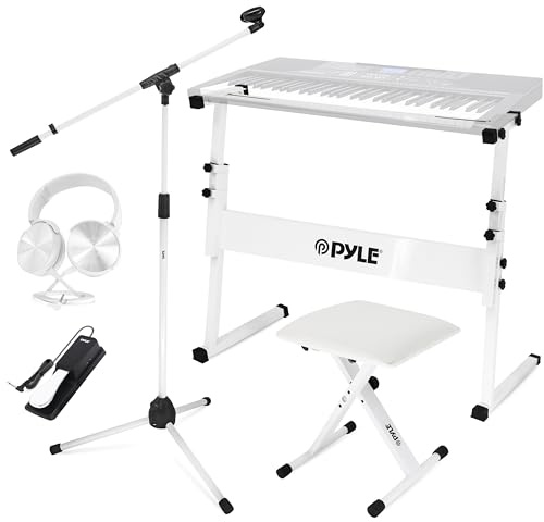 Pyle Heavy-Duty Electric Keyboard Accessories, E Piano Equipment Pack Includes Height Adjustable Z Shape Keyboard Stand, Keyboard Stool, Microphone Stand, Headset, and Sustain Pedal, White