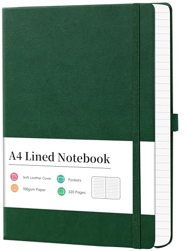 Artfan Notebook A4 - A4 Lined Notebook, Green | 320 Pages Premium Paper, Faux Leather Classic Writing A4 Notebook Journal, 21.5 x 27.9cm, Hardcover