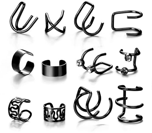 ZAMXHUG 12 pcs pendientes sin agujero mujer,Pendientes Clip Orejas Set falsos Sin Agujero Ear Cuff Plata De Oreja Cartilago Hélice Envolventes Pendientes de Oreja Ajustables Para Mujeres,negro