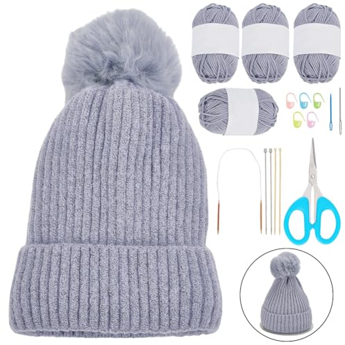 WEBEEDY Hat Knitting Kit DIY Knitting Kit with Step by Step Instruction,Wood and Metal Knitting Needle Set with Cotton Yarn for Adults Beginner Knitting and Crochet Supplies Gift(Gray)