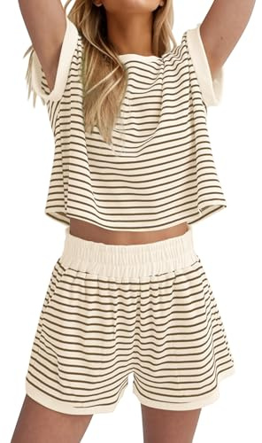 Famulily Pyjamas for Women UK Short Sleeve Sleepwear Striped Loungewear Elastic Waistband Pjs Set with Pockets Nightwear Co ords Sets Brown S