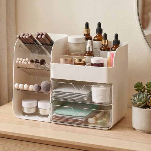 Vurixfo Large Makeup Organizer with Drawers for Vanity Bathroom White