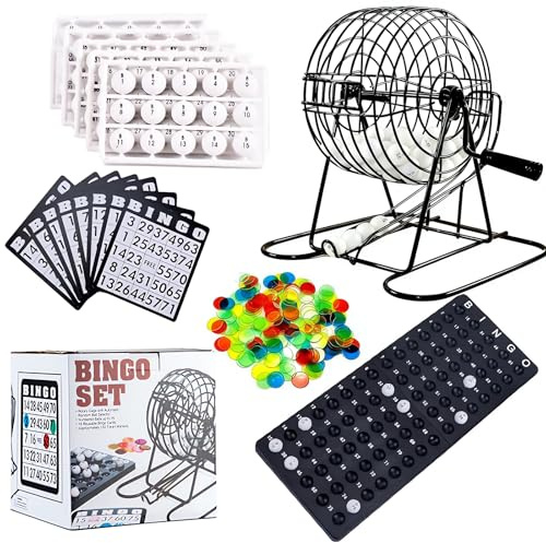 Juego de Bingo Completo – con Tambor Metálico, 75 Bolas Numeradas, 18 Cartones y 125 Fichas – Juego de Mesa para Adultos, Mayores y Niños – Ideal para Fiestas y Noche en Familia (Negro)