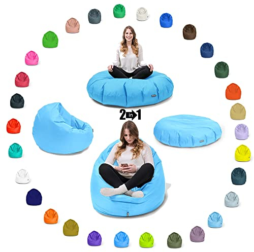 BuBiBag Sitzsack für Kinder und Jugendliche - Indoor Outdoor Bodenkissen, Sitzkissen oder als Gaming Sitzsack, geliefert mit Füllung (100 cm Durchmesser, hellblau)