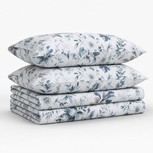 Tribeca Living Bäddset i twin size, 300 trådtäthet, mjuk bomullssatin, blommigt tryck, med extra djupa fickor, 3-delat bäddset, blå (Vernazza Blue)/flerfärgad