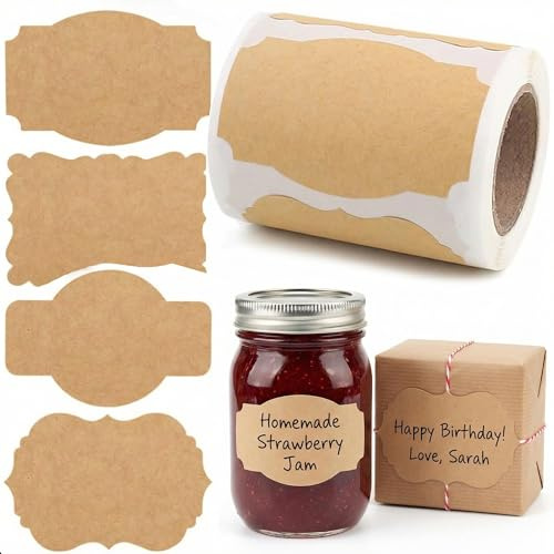 SallyFashion 200 Pcs Kraft Labels Stickers, 3x2 Inch Gift Tags Self Adhesive Writable, Canning Labels for Mason Jars Jars, Name Tags for Wedding Party Handmade Supplies
