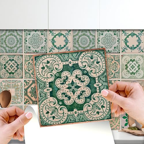 WALPLUS 48 pcs 15cm (6) Vintage Green Antique Azulejo Tile Stickers Peel and Stick Self-Adhesive Vinyl Wall Tiles for Kitchen Bathroom Bedroom Backsplash DIY Home Décor