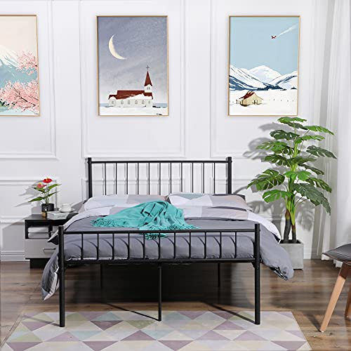 FURNITABLE Small Double Bed Metal Bed Frame Solid Bedstead Base with 2 Headboard for Adults Childre, Fit for 120 x 190 cm Mattress, Black
