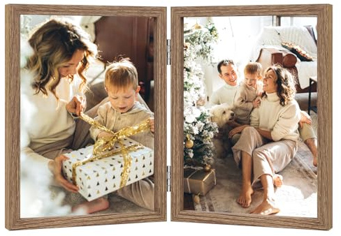 AVEAX Cadre Photo Double 10x15 cm, Cadre en Bois Pliable avec Vrai Verre, Cadres Photo pour Table, Cadeau pour Famille, Amis, Grain de bois