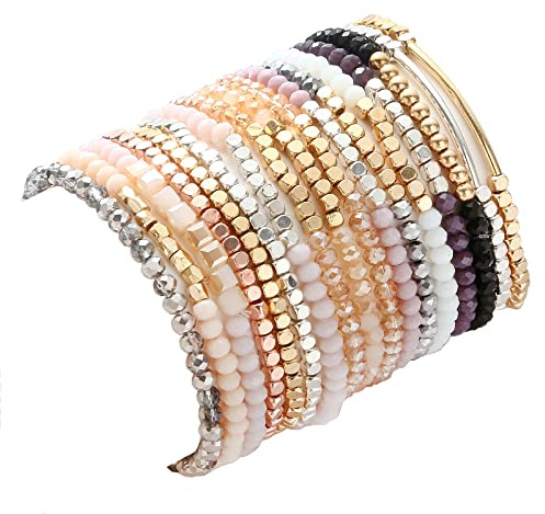 SAMOCO 17Pcs Boho Beaded Bracelets for Women Colorful Stackable Sparkly Crystal Beads Bracelets Multi-Layer Versatile Statement Bracelets Stretch Cuff Gifts