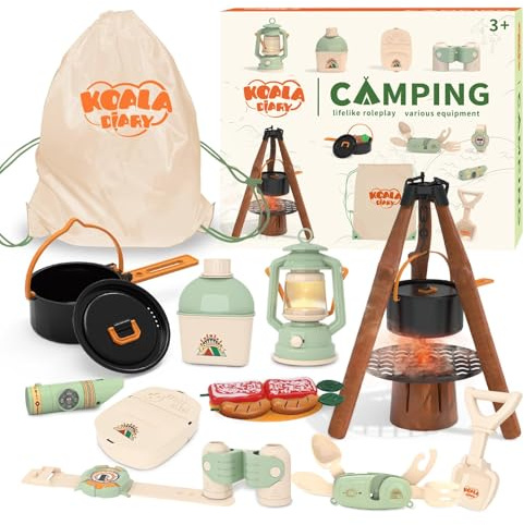 KOALA DIARY Kids Camping Toys Set - Pretend Play Camping Set with Food Toy, Spray Stove, Oil Lantern, Binoculars, Compass, Tableware, Watch & Storage Bag, Birthday for Ages 3+