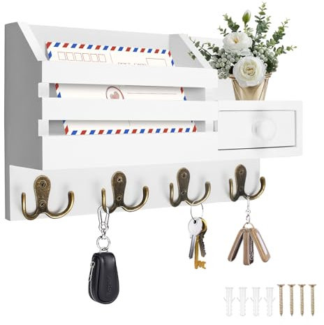 MaxEarn Wooden Key Holder with 4 Double Hooks, Decorative Key Hook Wall Mounted, Wall Organizer Shelf for Letter Storage, Key Rack for Home Hallway (White)