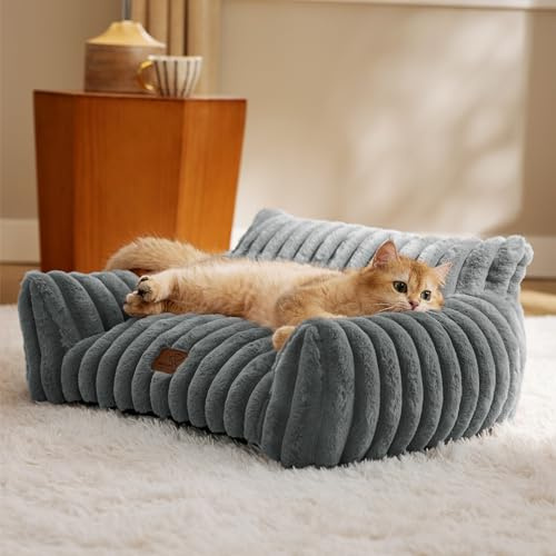Bedsure ComfyFleece Cat Couch for Pets - Fluffy Cat Sofa with Premium Soft Corduroy Fleece, Fuzzy Pet Couch Bed with Removable Washable Cover, Supportive Pet Chair for Indoor Cats, 24inch, Warm Grey