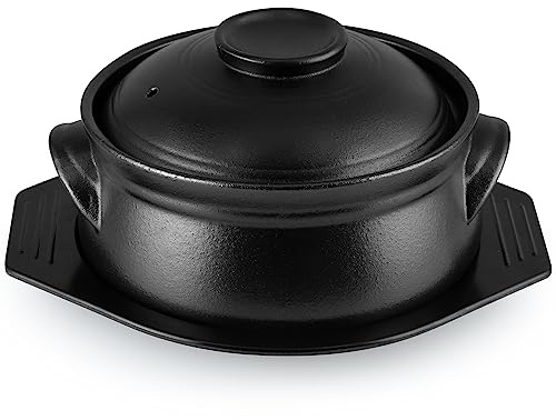 Skelang Korean Bibimbap Bowl, ciotole in ceramica, ciotola per frutti di mare con coperchio e vassoio, per cucinare noodles, zuppa, riso, capacità 1,6 L (nero opaco)