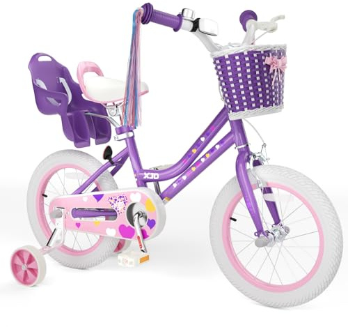 XJD Girls Bike for 2-12 Years Old Kids 12 14 16 20 Inch Toddler Bike, Kids Bike with Doll Seat Training Wheels,Adjustable Seat and Handlebar (14 Inch with Training Wheels, Light Purple)