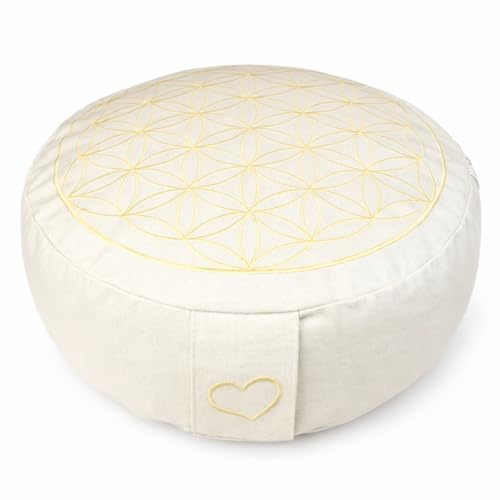 maylow Yoga mit Herz Yogakissen Meditationskissen Stickerei Blume des Lebens 33x15 cm für Anfänger und Geübte Buchweizenspelzen Füllung Bezug und Inlett Baumwolle waschbar (natur)