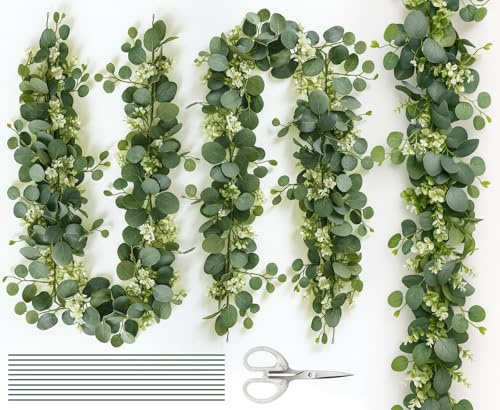 CoKeeSun 3 ghirlande decorative di eucalipto, foglie verdi, decorazione da tavolo, eucalipto con fiori bianchi, 1,8 m, da appendere, per matrimoni, feste, giardini, festival, decorazioni per interni