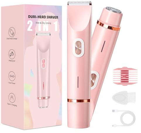Rasoio da donna, 2 in 1, a doppia testa, con ricarica USB-C, rasoio elettrico da donna, per viso, gambe e braccia, bikini trimmer con testa di taglio impermeabile, facile da pulire