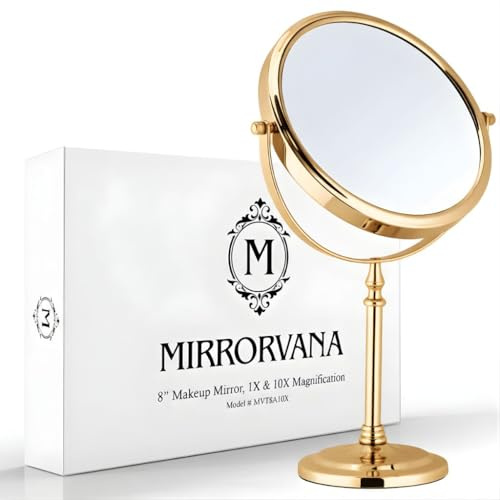 Mirrorvana Espejo de Maquillaje Grande aumentos 10x con Soporte para Dormitorio y baño Espejo de Mesa Redondo clásico Doble Cara 10x/1x 38 cm x 20 cm (Oro)
