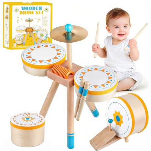 Set di Tamburi per Bambini di 1, 2, 3 Anni, Tamburo Jazz in Legno Strumenti Musicali Montessori per Bambini e Bambine, Set di Percussioni Giocattolo Musicale