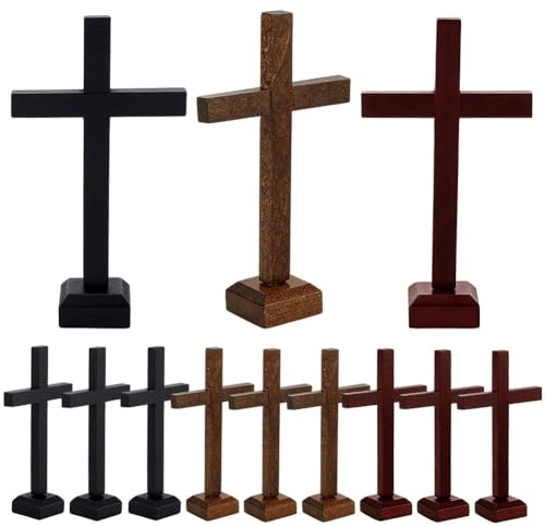 PH PandaHall 12pz Croci in Legno 3 Colori Croci in Legno Grezzo, 10.2cm Croce da Tavolo con Supporti Croce Rustica in Piedi per Bomboniere Artigianali per Battesimi