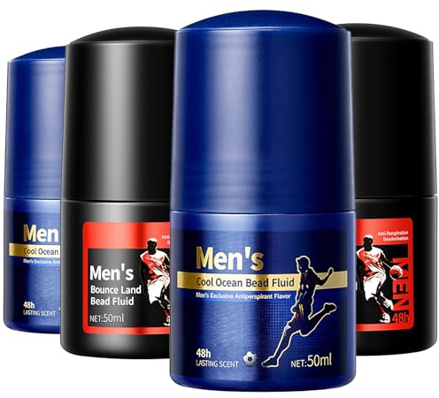 Mens Roll on Deodorant, 48H Anti-Perspirant, Long-Lasting Sweat & Odor Protection, 4 x 50ml Antiperspirant, Faintly Scented, Cooling Roll on Deororant for Men