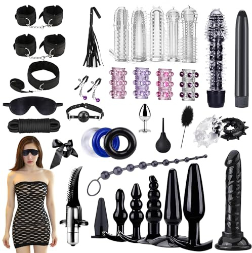 BDSM Kit Bondage 39 Pezzi per San Valentino, Qoosea Restrizioni Sex Toys Accessori BDSM Set con Plug Anale Manette Finger Stimolatore, Giocattoli Sessuali Erotici per Coppie Donna Principianti