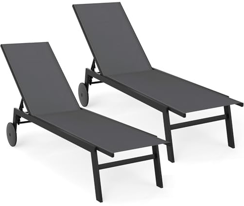 COSTWAY 2er Set Sonnenliege mit Rollen, Gartenliege mit Verstellbarer Rückenlehne und schnelltrocknendem Stoff, Rollliege bis 150kg belastbar, Liegestuhl für Garten, Balkon, Terrasse (Grau)