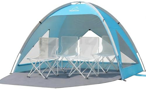 Wolfwise Tenda da Spiaggia UPF 50+ per Famiglia, Riparo Solare Anti-UV con 3 Finestre Ventilate, Pavimento Estensibile e Borsa per il Trasporto, Capacità 4 Persone, Blu