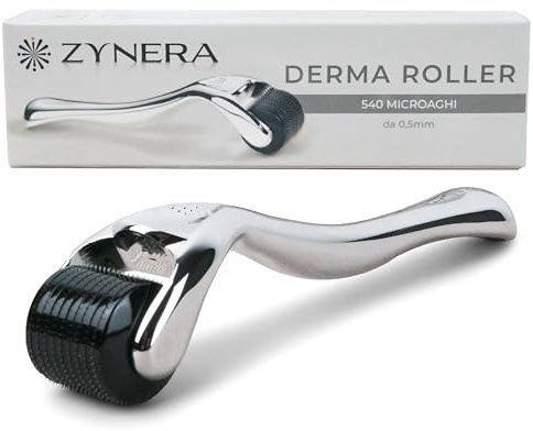 Dermaroller 0.5 mm con 540 Aghi in Titanio per Microneedling Viso, Capelli e Barba - Dermaroller Viso e Corpo Antietà per Donna e Uomo - Rullo Anti Rughe e Smagliature con Impugnatura Anatomica