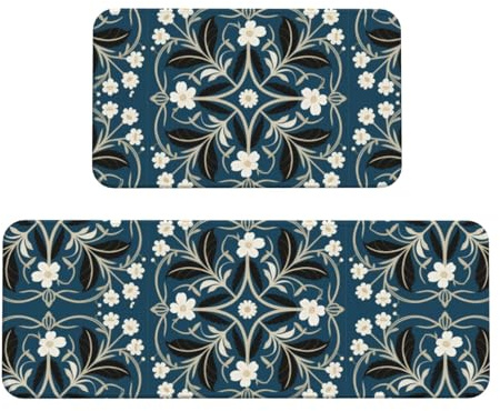 Colorful Prints Kitchen Rugs Set of 2, Cushioned Anti-Fatigue Kitchen Mats for Floor, Waterproof Comfort Standing Mat Absorbent Velvet Kitchen Runner Rugs 17x30+17x47