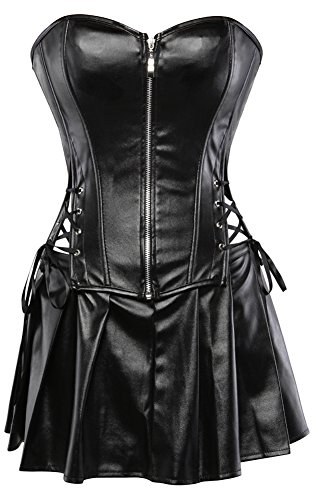 Grebrafan Damen Reißverschluss Korsett Kunstleder Corsage Rock (EUR(32-34) S, Schwarz)