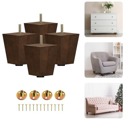 Yes4All 3 Inches Square Wood Furniture Legs Set of 4 - Wooden Replacement Feet for Couch - Adjustable Sofa, Ottomans Tapered Leg with Leveler - Brown Solid Wood Parts for Table, Chair