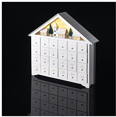 EMOS Lysande adventskalender av trä, med minilåda och vinterby, 8 lysdioder varmt vitt ljus, juldekoration, IP20 för inomhus, 10 000 h livslängd, 6/18 h timer, 0,4 watt, 33 x 35 cm