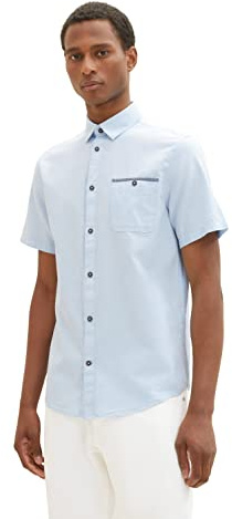 TOM TAILOR Herr Chambray kortärmad skjorta med bröstficka, 31852 – Blå vit kambray, S