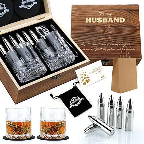 EXREIZST Whiskey Gift Set for Men with Stainless Steel Stones | Wooden box set with 2 glasses, stones & tongs. Chills drinks without dilution. Great gift for husband, boyfriend or dad.