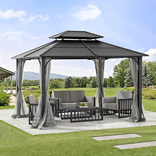 SUNJOY Hardtop Gazebo 10 x 12 ft. Outdoor Heavy Duty Steel Frame Double Roof Pavilion with Ceiling Hook and Removable Netting Sidewalls, Black