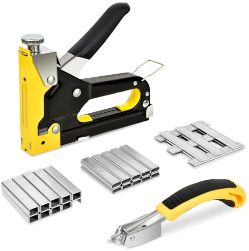 Grapadora manual 3 en 1 con 3000 grapas, grapadora manual de presión regulable para carpintería materiales de sujeción, muebles, decoración (incluye quitagrapas)